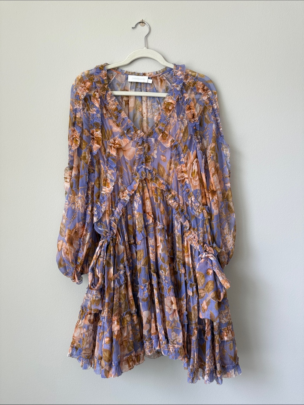 Zimmermann Lavender and Peach Floral Long-Sleeve Ruffle Dress